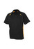 A black polo shirt with yellow side panels and a collar, featuring a logo on the chest area.