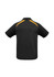 A black short sleeve polo shirt featuring yellow splice detailing and a logo on the front.