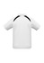 A white short sleeve polo shirt featuring black accents and a logo. Ideal for children's wear.