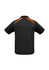 A black polo shirt with orange splice detailing and a collar. Features short sleeves and a logo.