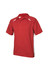 A red short sleeve polo shirt with white side panels and a collar, featuring a logo on the chest.
