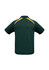 A green kids' polo shirt with yellow detailing on the shoulders and a logo.