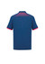 A navy blue men's polo shirt featuring a patterned design on the back and contrasting pink details. It includes a logo.