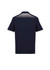 A navy short sleeve polo shirt featuring a patterned back and contrasting white collar. Includes a logo.
