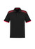 A black short sleeve polo shirt featuring red accents and a checkered pattern on the shoulders. It has a logo.