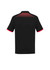 A black short sleeve polo shirt featuring a red and orange patterned design on the back and contrasting red trim.