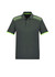 A men's short sleeve polo shirt in dark green with patterned shoulder details and lime green accents. It features a logo.