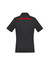 A black women's polo shirt featuring short sleeves and a red accent on the back. Includes a logo.