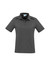 A women's short sleeve polo shirt in dark grey, featuring a collar and front buttons, with a logo on the chest.