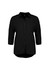 A black women's 3/4 sleeve blouse with button closure and a relaxed fit. Features a collar and a logo.