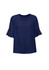 A navy blue women's blouse featuring fluted sleeves and a V-neck design. The blouse has a smooth fabric finish and a branding logo.