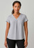 A grey women's blouse featuring a V-neck and pleat design, paired with black trousers, presented on a model.