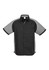 A black and grey short sleeve button-up shirt with a logo on the chest and contrasting panel details.
