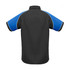 A short sleeve button-up shirt in black with blue sleeves and contrasting trim, featuring a logo.