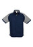 A short sleeve button-up shirt featuring navy and grey colours with a chest pocket and branding.