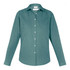 A teal long sleeve button-up shirt featuring a collar and a branded label.