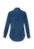 A women's long sleeve button-up shirt in a dark blue hue, featuring a back pleat and buttoned cuffs.