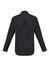 A black long sleeve button-up shirt with a back pleat and buttoned cuffs. The shirt features a logo.