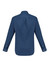 A long sleeve button-up shirt in a deep blue colour with a straight back and buttoned cuffs. Features branding.