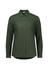 A green button-up shirt with long sleeves, featuring a collar and a subtle textured pattern. It has a logo on the tag.
