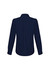 A navy blue women's button-up shirt with long sleeves and a collar, featuring a back pleat design.