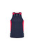 A navy singlet with red side panels and a logo at the centre. Designed for men’s active wear.
