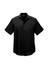 A black short sleeve button-up shirt with a simple design and a logo on the collar.