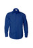 A blue men's long sleeve button-up shirt featuring a chest pocket and a logo on the label.