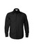 A black long sleeve button-up shirt with a single chest pocket and a collar. It features a logo on the label.