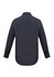 A dark navy long sleeve button-up shirt with a standard collar and logo on the back.