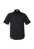 A black short sleeve button-up shirt featuring a pocket and a logo. Suitable for casual or smart-casual wear.
