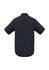 A black short sleeve button-up shirt with a simple design and standard collar, featuring a logo on the back.