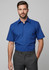 A blue short sleeve button-up shirt for men, featuring a collar and a logo on the chest pocket.