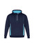 Unisex navy hoodie with light blue side panels and a zippered collar. Features a drawstring and a logo.