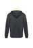 A dark grey kids' hoodie with a green interior hood and a logo. Suitable for casual wear.