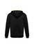A black hoodie with a yellow inner lining and a hood, featuring a logo on the back.