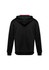 A black hoodie with a red interior and a hood, featuring a logo on the back.