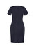 A navy blue women's short sleeve shift dress featuring a fitted design and back zipper closure.