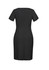 A black short sleeve shift dress with a fitted design and back zip closure. It features a split at the hem.