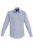 A light blue button-up shirt with long sleeves and a collar, featuring a logo on the chest.