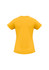 A yellow women's short sleeve tee with a fitted design and a plain back. It features a logo on the fabric.