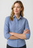 A blue women's button-up shirt with 3/4 sleeves and a fitted design. It has a subtle pattern and a logo.