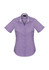 A women's short sleeve button-up shirt in a purple check pattern, featuring a collar and a logo.