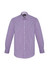 A lilac check patterned long sleeve button-up shirt with a collar and front buttons, featuring a branding logo.