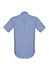 A short sleeve button-up shirt in blue with a checkered pattern, featuring a rear view design.