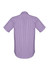 A short-sleeve men's button-up shirt in purple with a checkered pattern and a logo on the back.