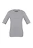 A women's short sleeve T-top in navy and white stripes, featuring a crew neckline and a branded logo.