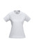 A white women's short sleeve tee featuring a fitted style and a logo on the label.