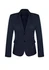A navy women's mid-length jacket with a two-button closure and a fitted silhouette. Features a branded logo.