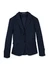 A navy blue mid-length women's jacket with a two-button design and front pockets, featuring a logo.